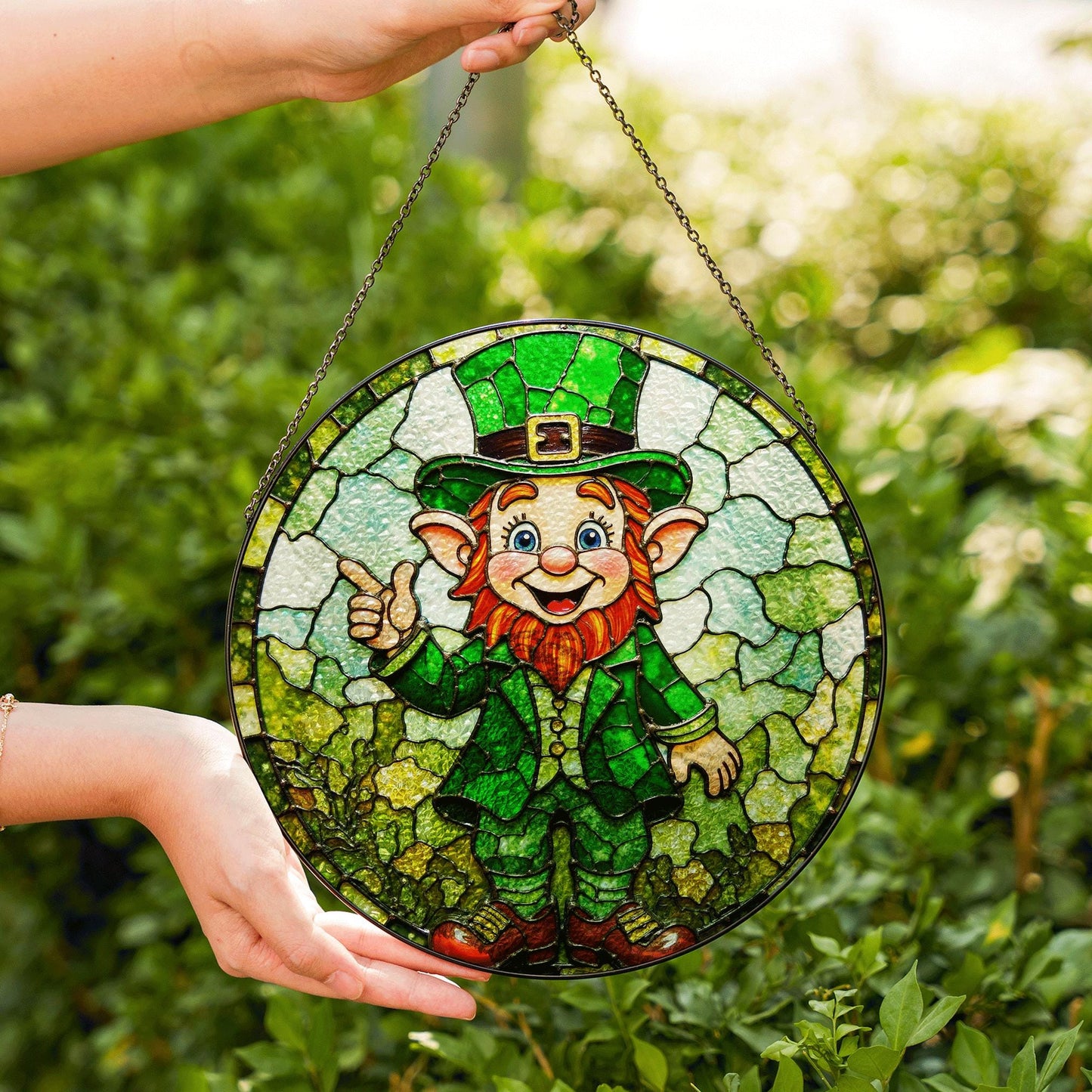 Stained Glass Leprechaun Suncatcher with Green Outfit and Thumbs Up Gift for St. Patrick's Day Lovers