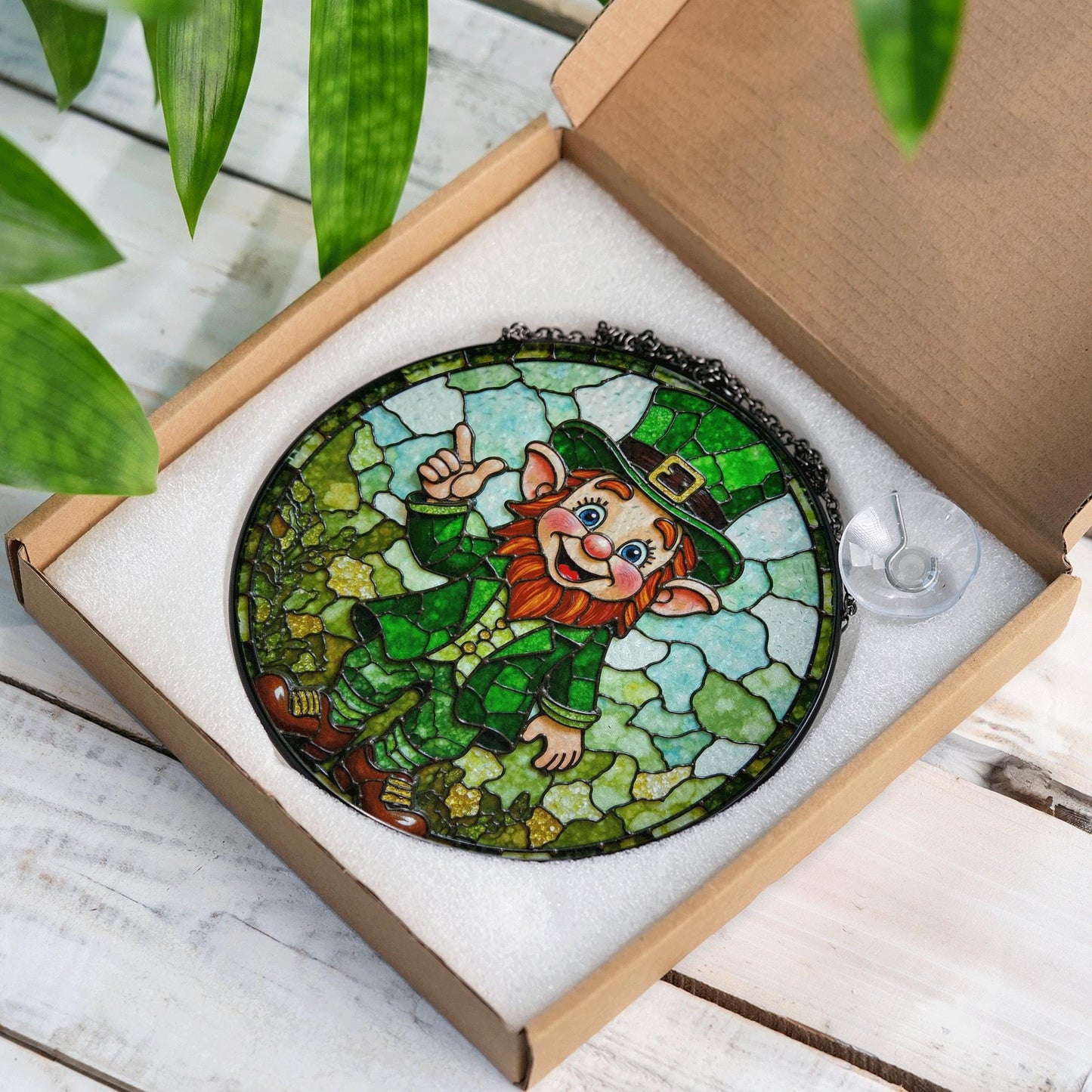Stained Glass Leprechaun Suncatcher with Green Outfit and Thumbs Up Gift for St. Patrick's Day Lovers