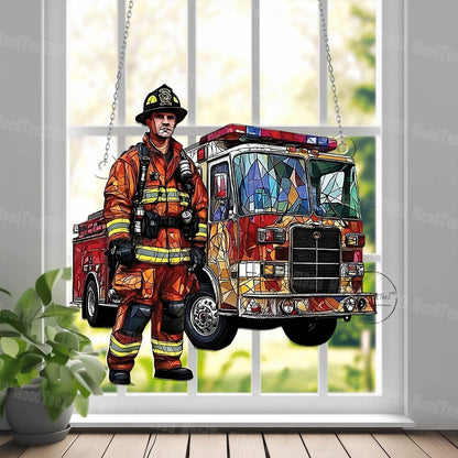 Firefighter Window Hanging, Fire Truck Art, Heroic Firefighter Decor, First Responder Window Decor, Stained Glass Style Fireman