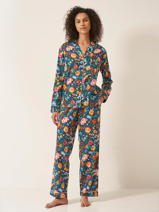 Florals on Navy Women’s Pyjama Trouser Set | Organic Cotton Long Sleeve PJs | Elegant Floral Print Sleepwear Gift for Her