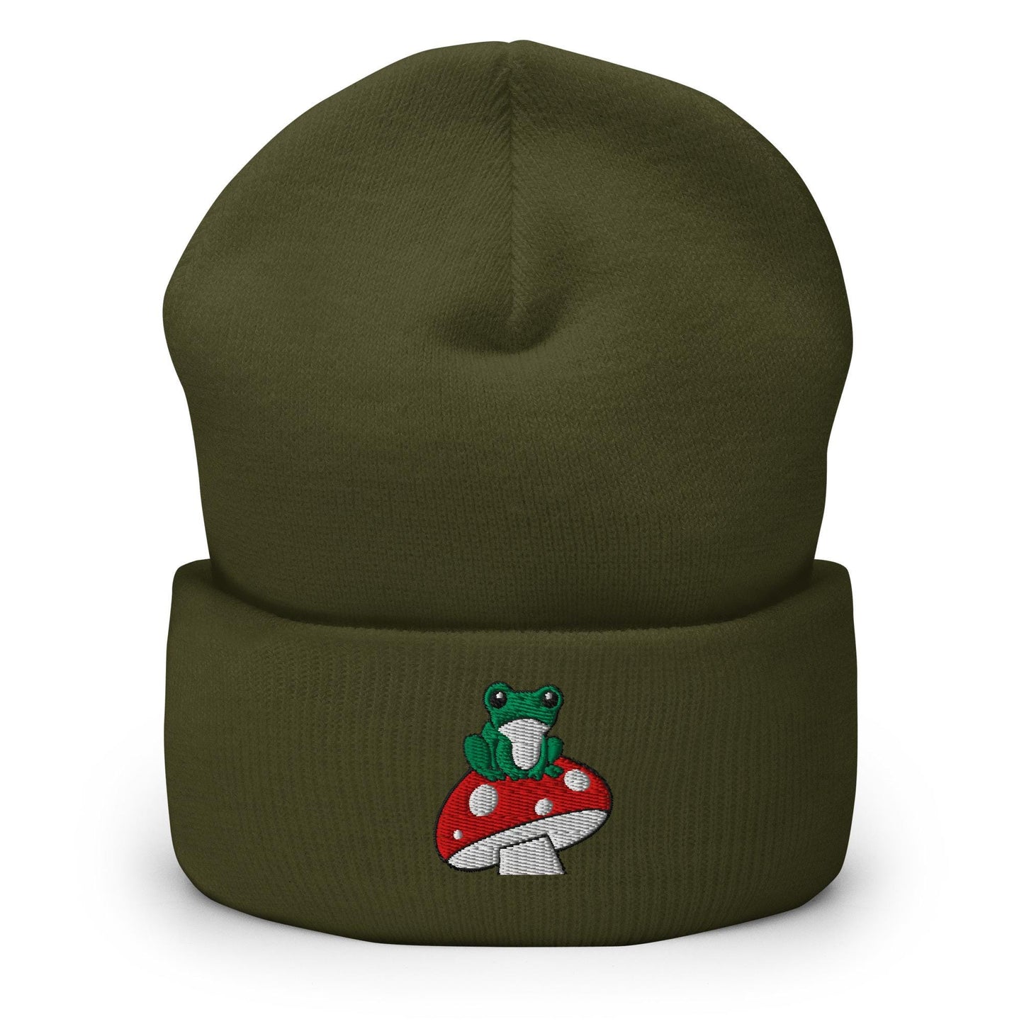 Frog on Mushroom Beanie, Handmade, Forestcore, Cuffed Knit Unisex Slouchy Adult Winter Hat Cap Gift, Kawaii
