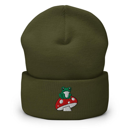 Frog on Mushroom Beanie, Handmade, Forestcore, Cuffed Knit Unisex Slouchy Adult Winter Hat Cap Gift, Kawaii