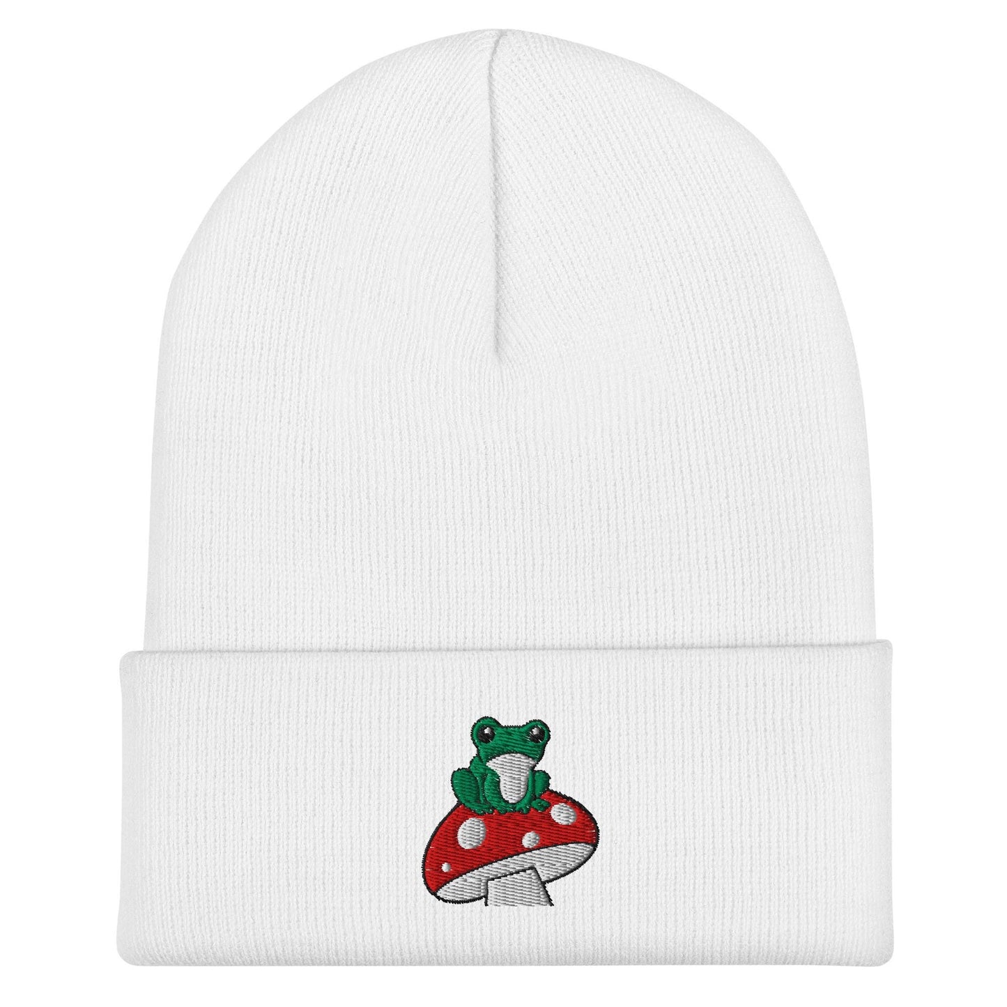 Frog on Mushroom Beanie, Handmade, Forestcore, Cuffed Knit Unisex Slouchy Adult Winter Hat Cap Gift, Kawaii