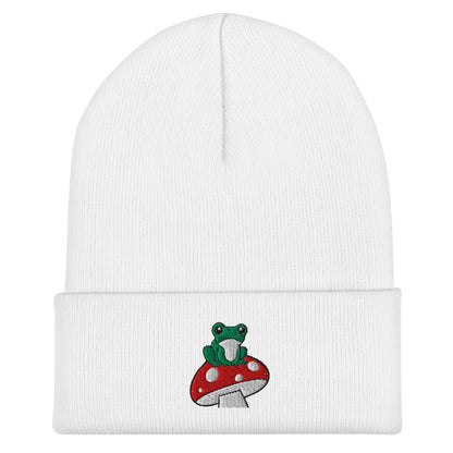 Frog on Mushroom Beanie, Handmade, Forestcore, Cuffed Knit Unisex Slouchy Adult Winter Hat Cap Gift, Kawaii
