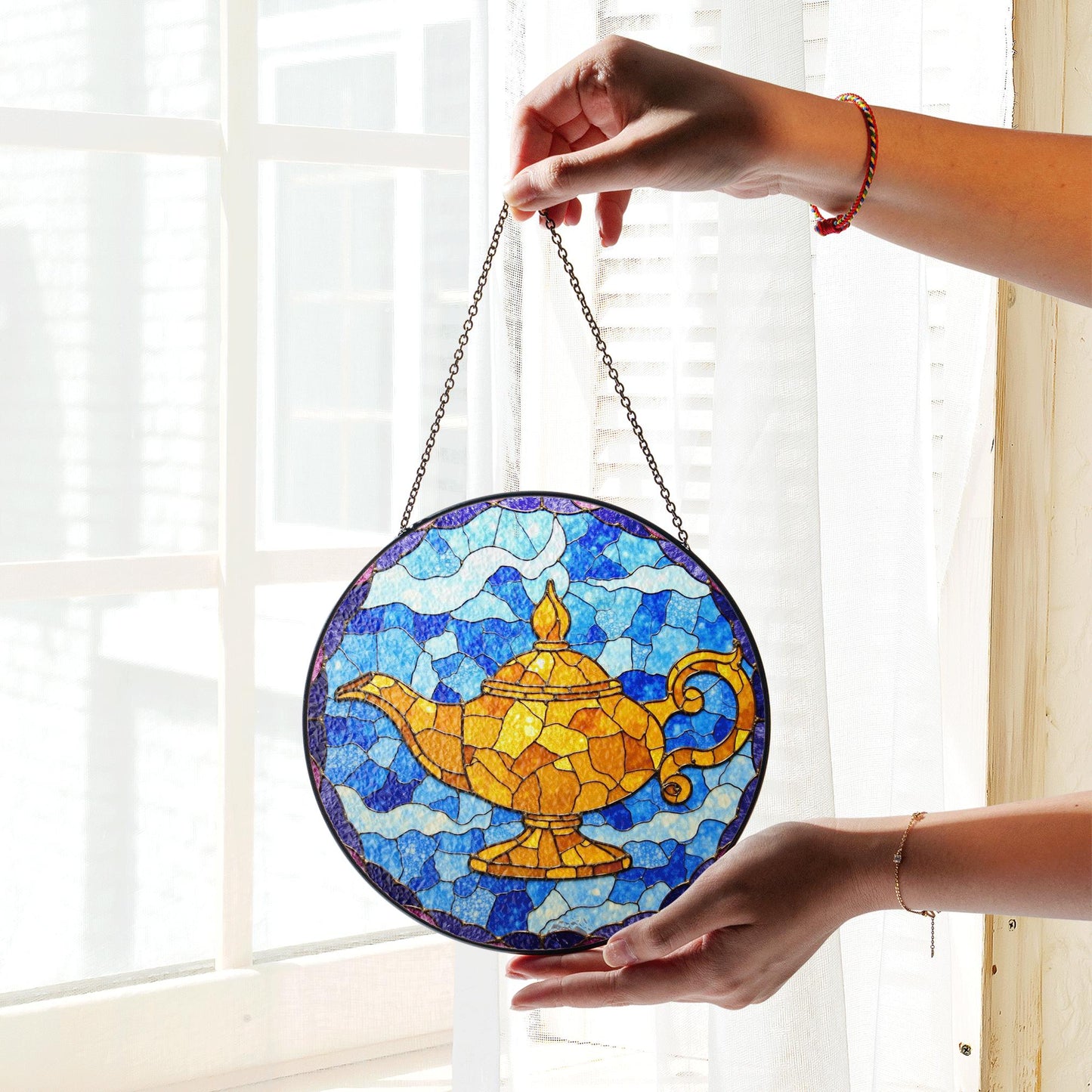 Stained Glass Genie Lamp Suncatcher Colorful Decorative Sun Catcher Window Gift