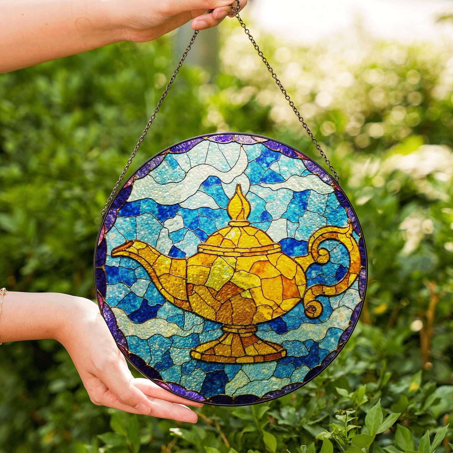 Stained Glass Genie Lamp Suncatcher Colorful Decorative Sun Catcher Window Gift