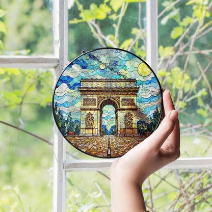 Stained Glass Arc de Triomphe Suncatcher with Vibrant Sky Art Handmade Gift for Architecture Lovers