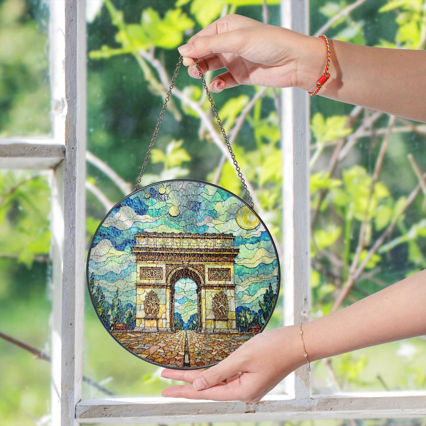Stained Glass Arc de Triomphe Suncatcher with Vibrant Sky Art Handmade Gift for Architecture Lovers