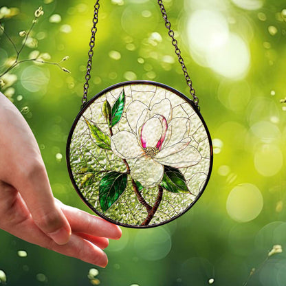 Magnolia Stained Glass Window Hanging, Elegant Floral Decor for Car or Home, Nature-Inspired Flower Design