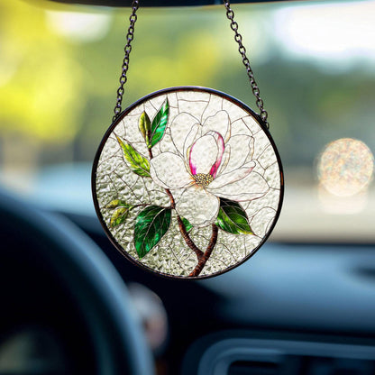 Magnolia Stained Glass Window Hanging, Elegant Floral Decor for Car or Home, Nature-Inspired Flower Design