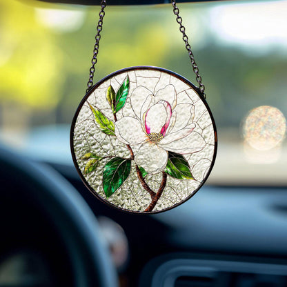 Magnolia Stained Glass Window Hanging, Elegant Floral Decor for Car or Home, Nature-Inspired Flower Design