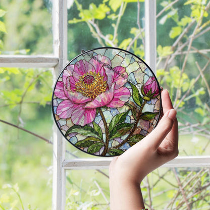 Pink Peony Stained Glass Suncatcher Handcrafted Floral Sun Catcher Gift for Mother's Day