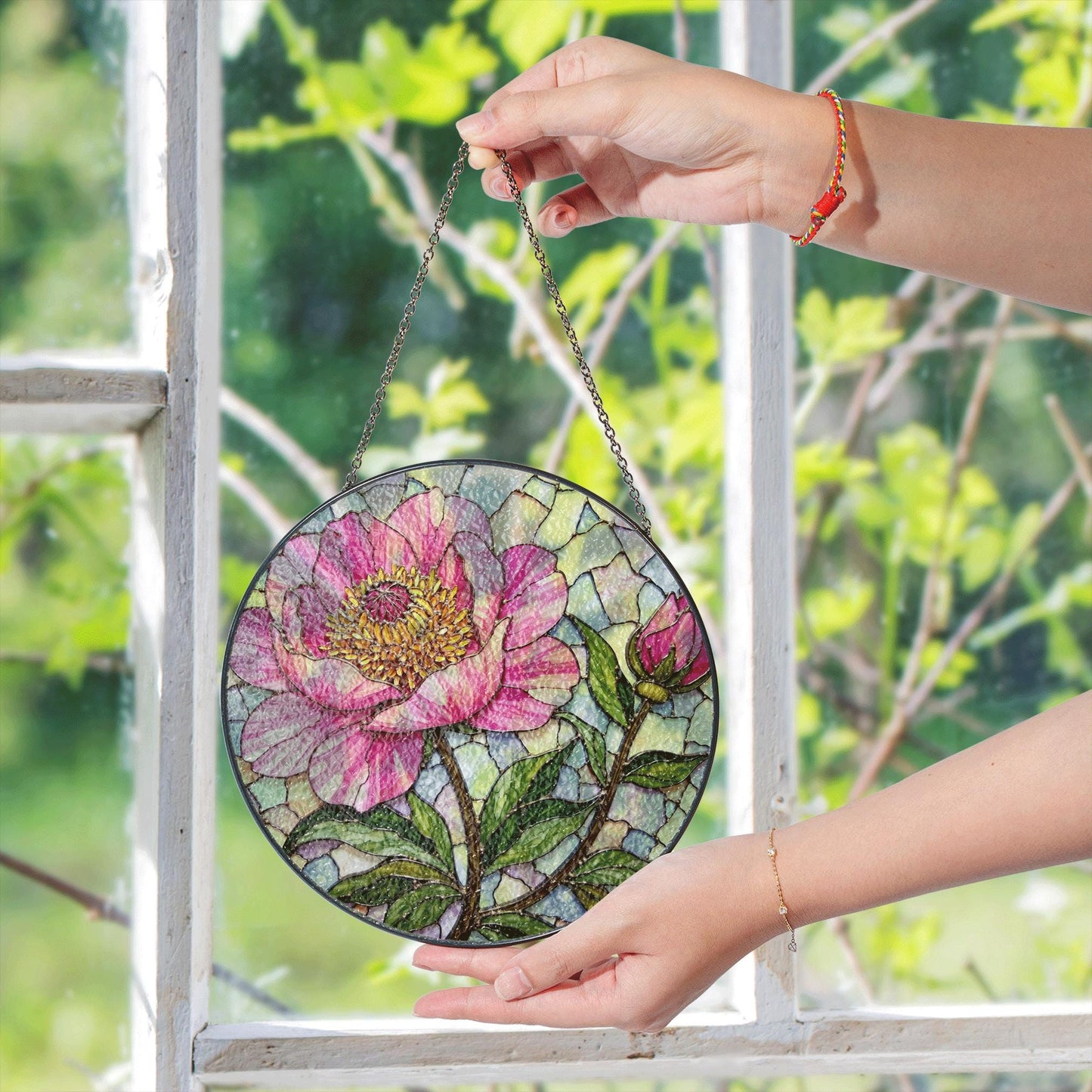 Pink Peony Stained Glass Suncatcher Handcrafted Floral Sun Catcher Gift for Mother's Day