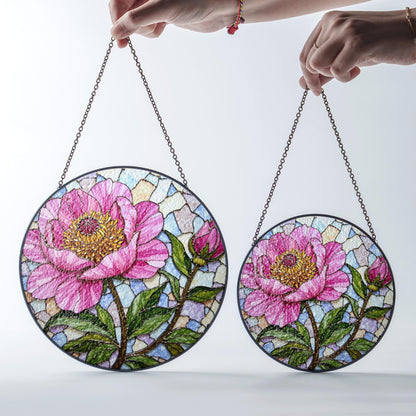 Pink Peony Stained Glass Suncatcher Handcrafted Floral Sun Catcher Gift for Mother's Day