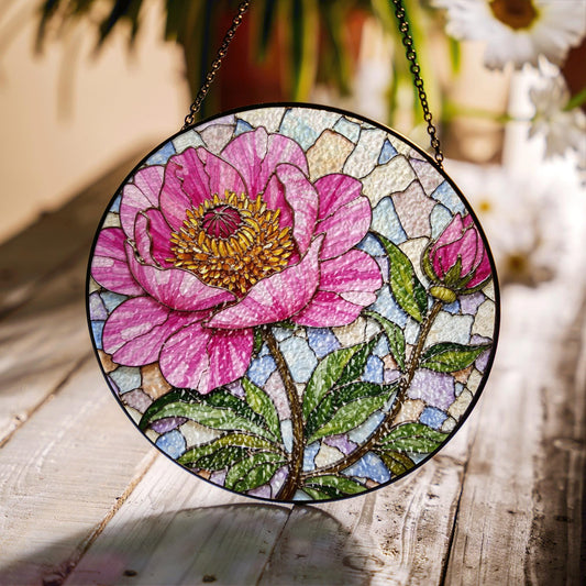 Pink Peony Stained Glass Suncatcher Handcrafted Floral Sun Catcher Gift for Mother's Day