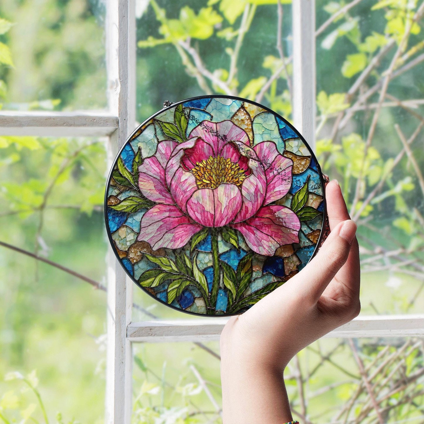 Peony Flower Stained Glass Suncatcher Hanging Window Art Home Decor Gift for Her
