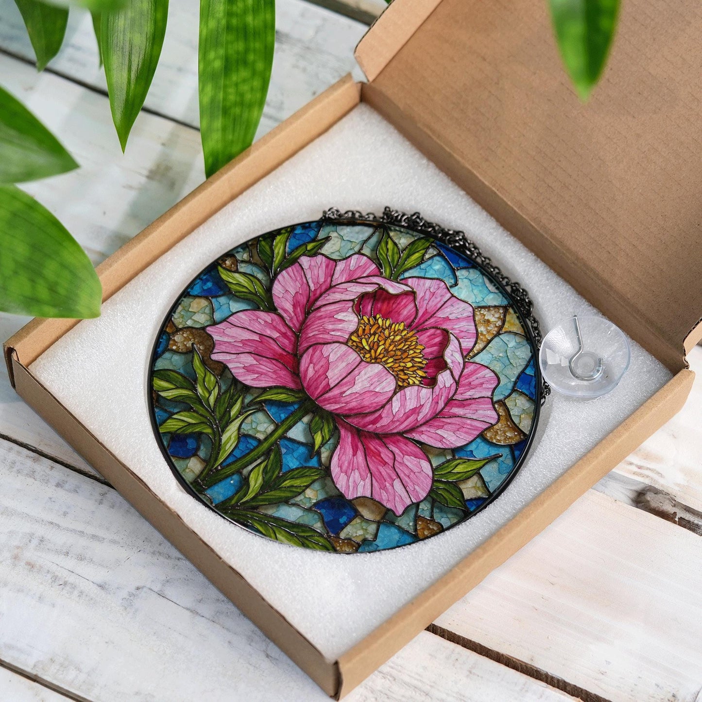 Peony Flower Stained Glass Suncatcher Hanging Window Art Home Decor Gift for Her