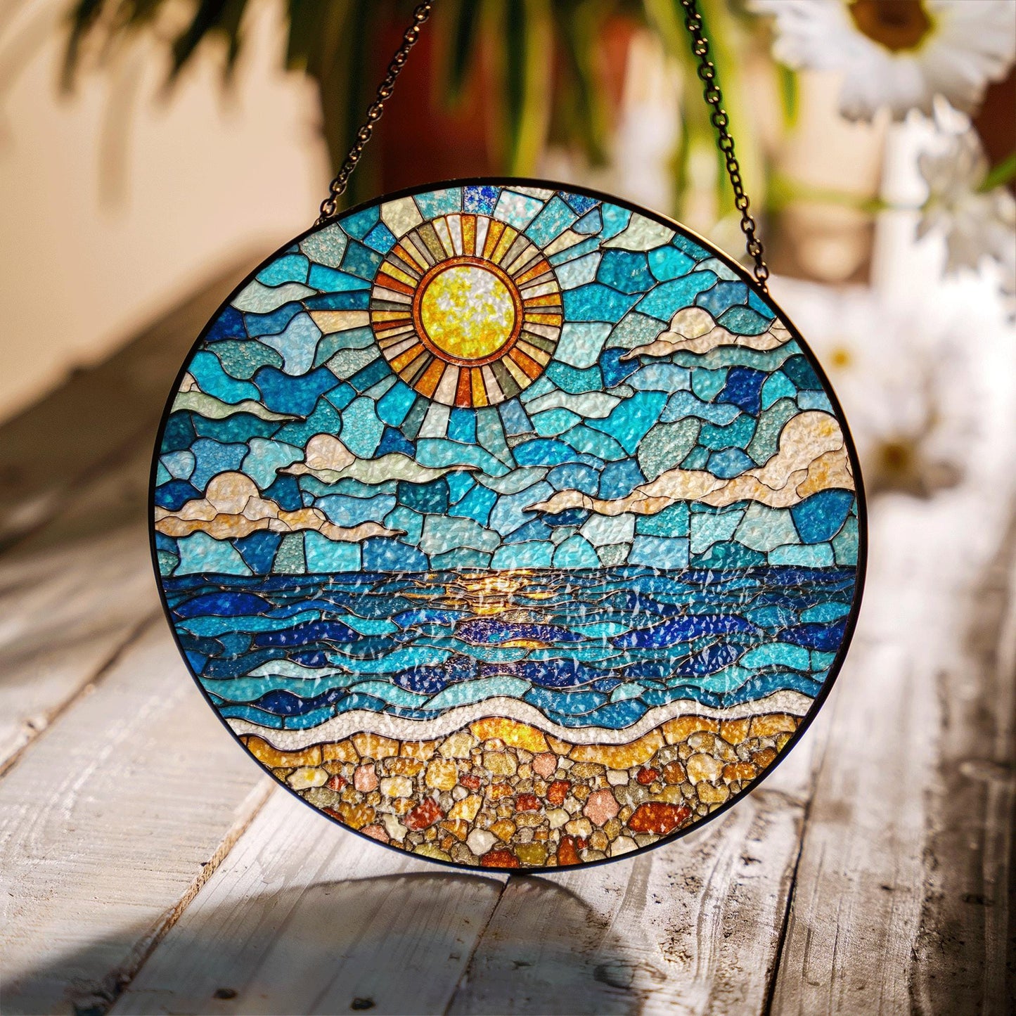 Ocean Sun Stained Glass Suncatcher Beach Home Decor Perfect Gift for Nature Lovers