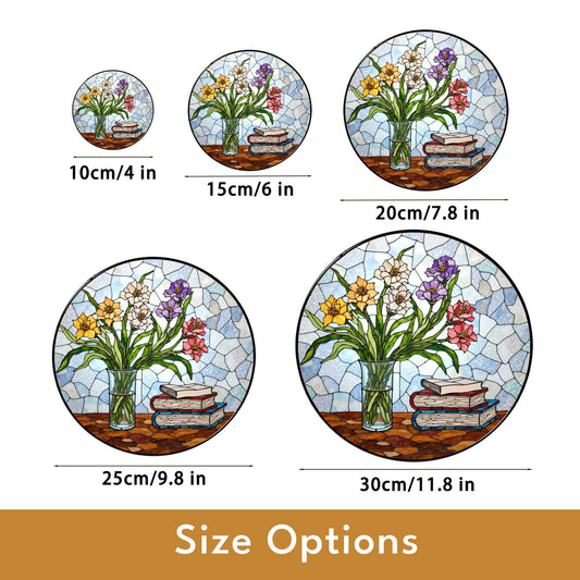 Stained Glass Flowers Suncatcher Vintage Vase Hanging Window Art Gift for Home Decoration