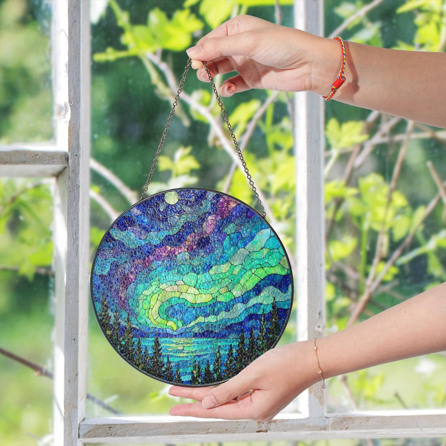 Northern Lights Stained Glass Suncatcher Beautiful Nature Design Window Decor Gift for Nature Lovers