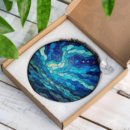 Stained Glass Suncatcher Blue Waves Ocean Gift for Nature Lovers Home Decor
