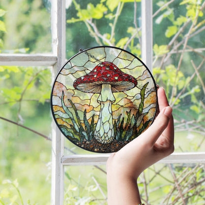 Stained Glass Mushroom Suncatcher Red Cap Mushroom Window Hanging Art Gift for Nature Lovers