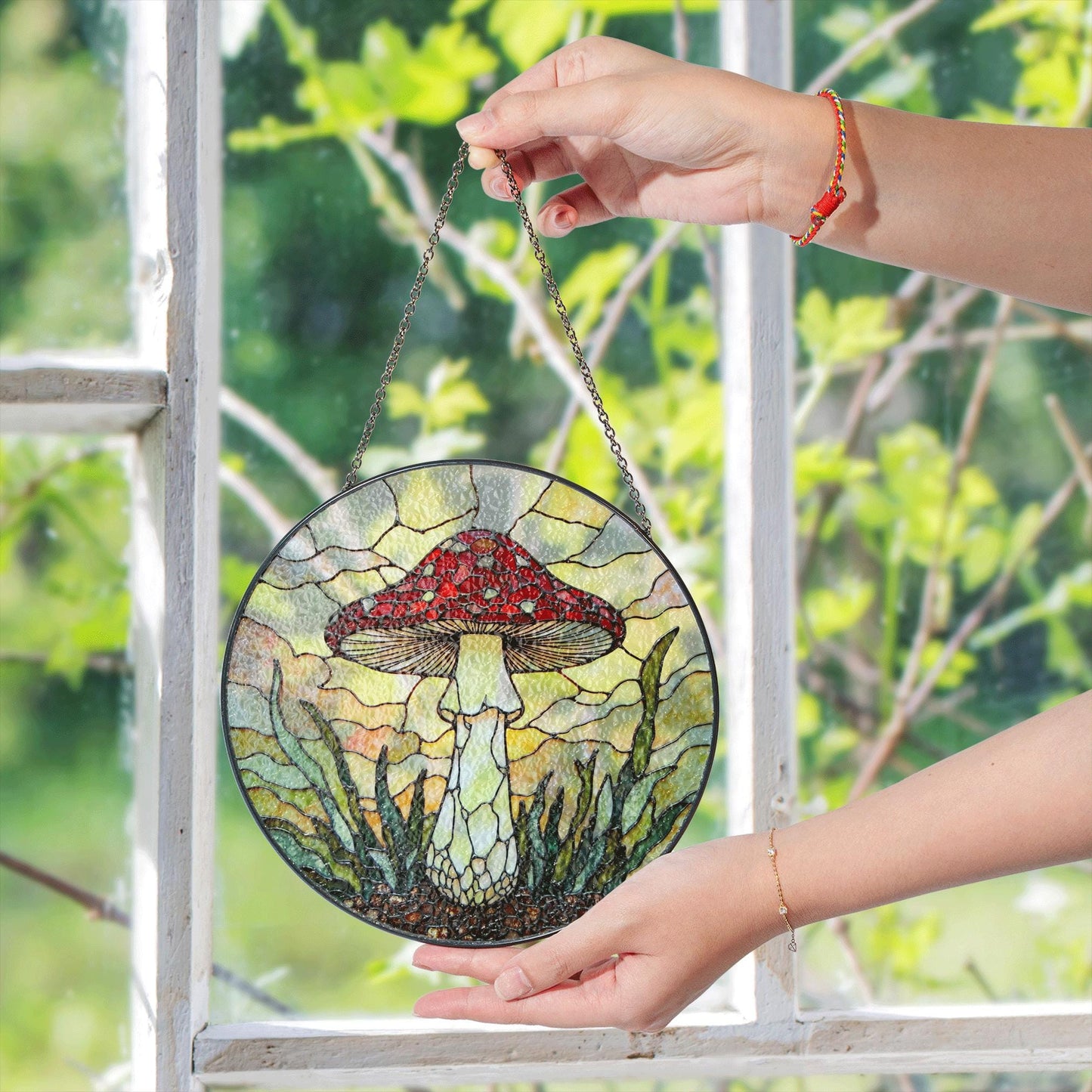 Stained Glass Mushroom Suncatcher Red Cap Mushroom Window Hanging Art Gift for Nature Lovers