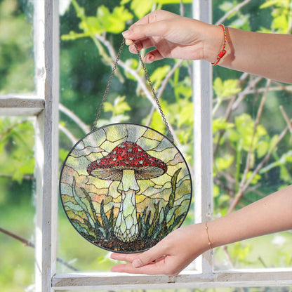 Stained Glass Mushroom Suncatcher Red Cap Mushroom Window Hanging Art Gift for Nature Lovers