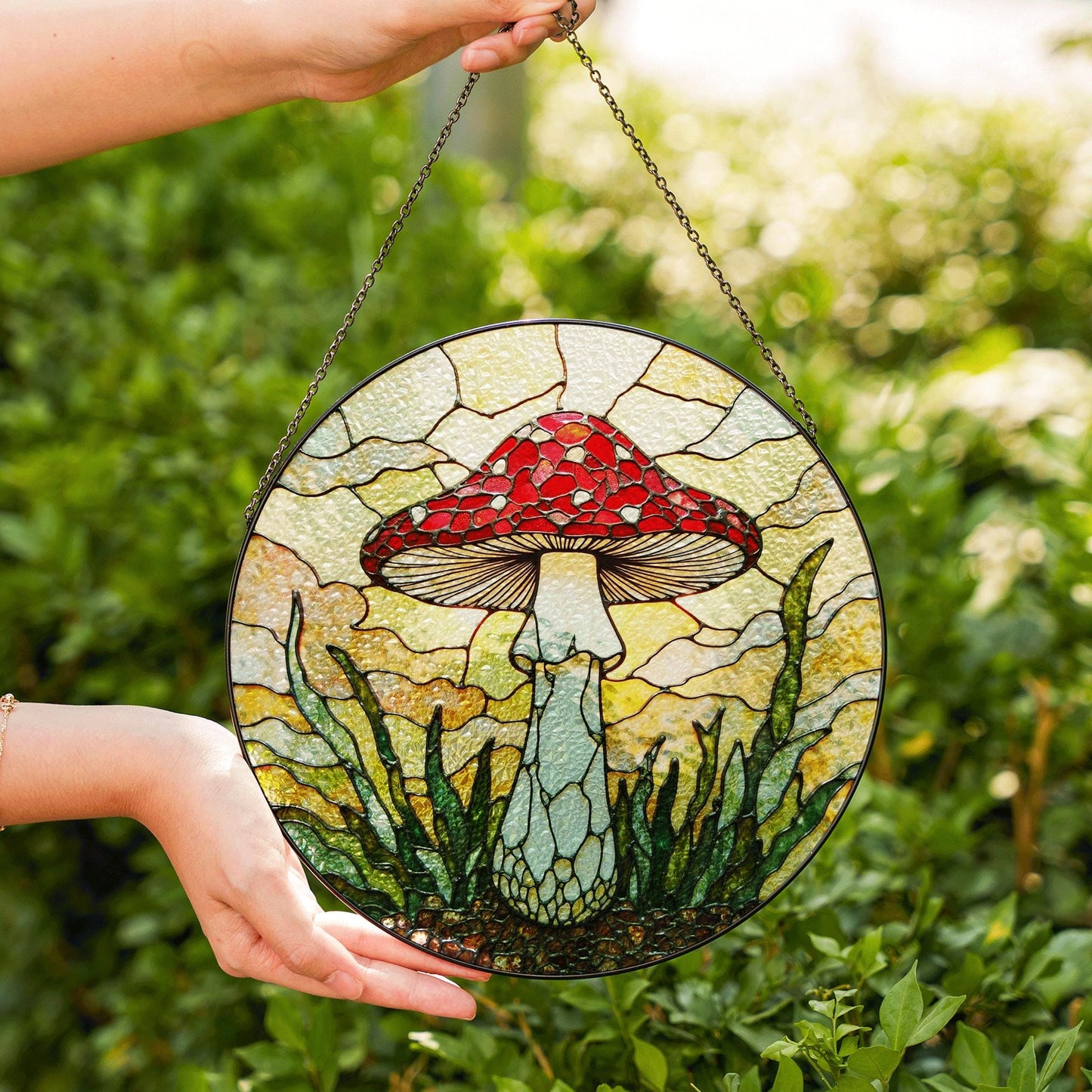 Stained Glass Mushroom Suncatcher Red Cap Mushroom Window Hanging Art Gift for Nature Lovers