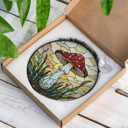 Stained Glass Mushroom Suncatcher Red Cap Mushroom Window Hanging Art Gift for Nature Lovers