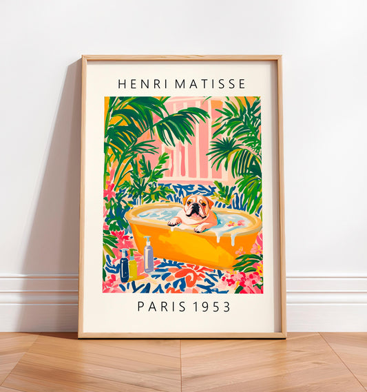 English Bulldog Art Print: Matisse Style Floral Bathroom Decor