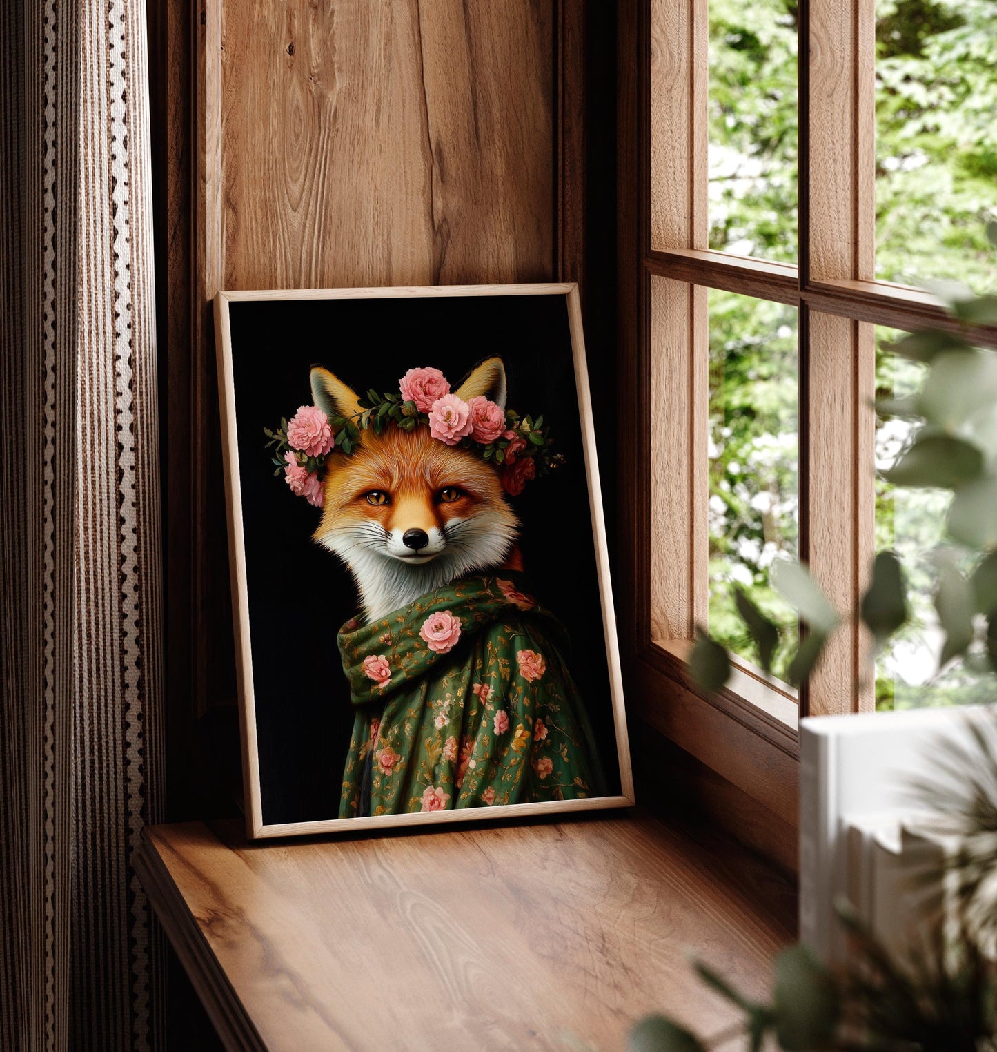 Botanical Fox Portrait Print: Dark Floral Animal Art