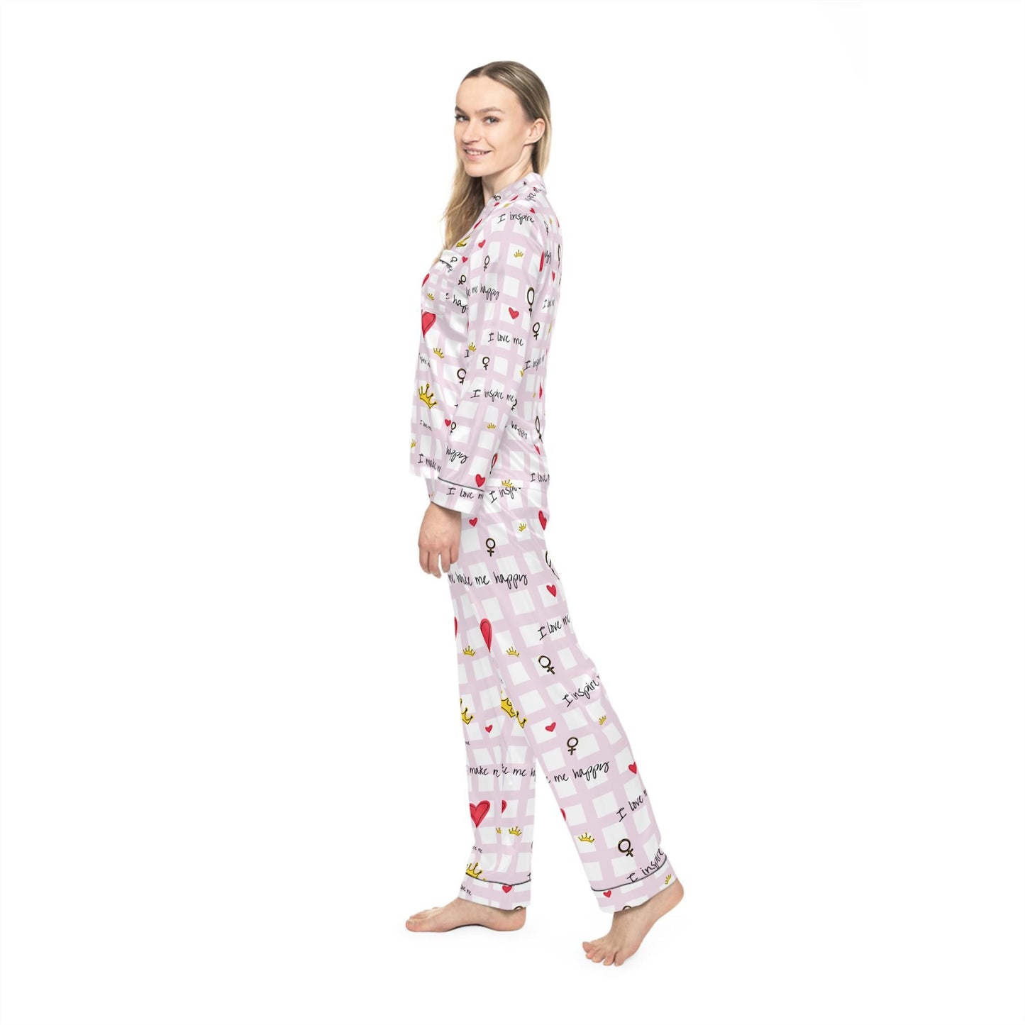 Cozy Hearts & Crowns Satin Pajamas - Women's Sleepwear Set, Cute Printed PJ's, Gift for Her, Lounge Wear, Nightwear