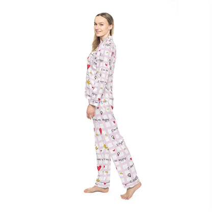 Cozy Hearts & Crowns Satin Pajamas - Women's Sleepwear Set, Cute Printed PJ's, Gift for Her, Lounge Wear, Nightwear