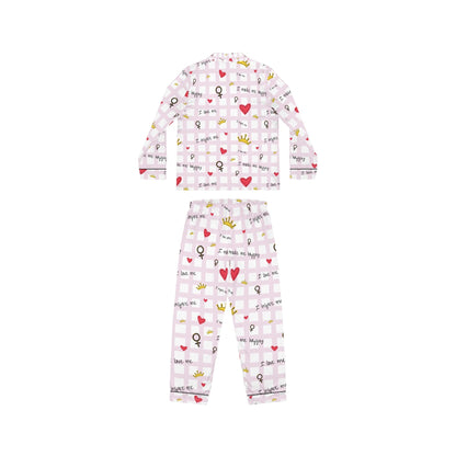 Cozy Hearts & Crowns Satin Pajamas - Women's Sleepwear Set, Cute Printed PJ's, Gift for Her, Lounge Wear, Nightwear