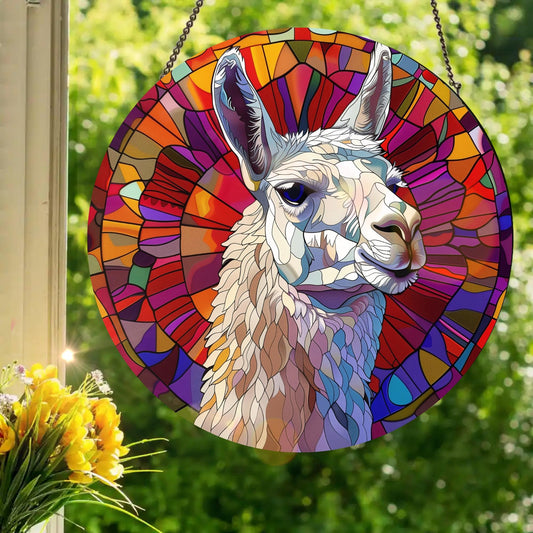 White Llama: Stained Glass Style Window Hanging