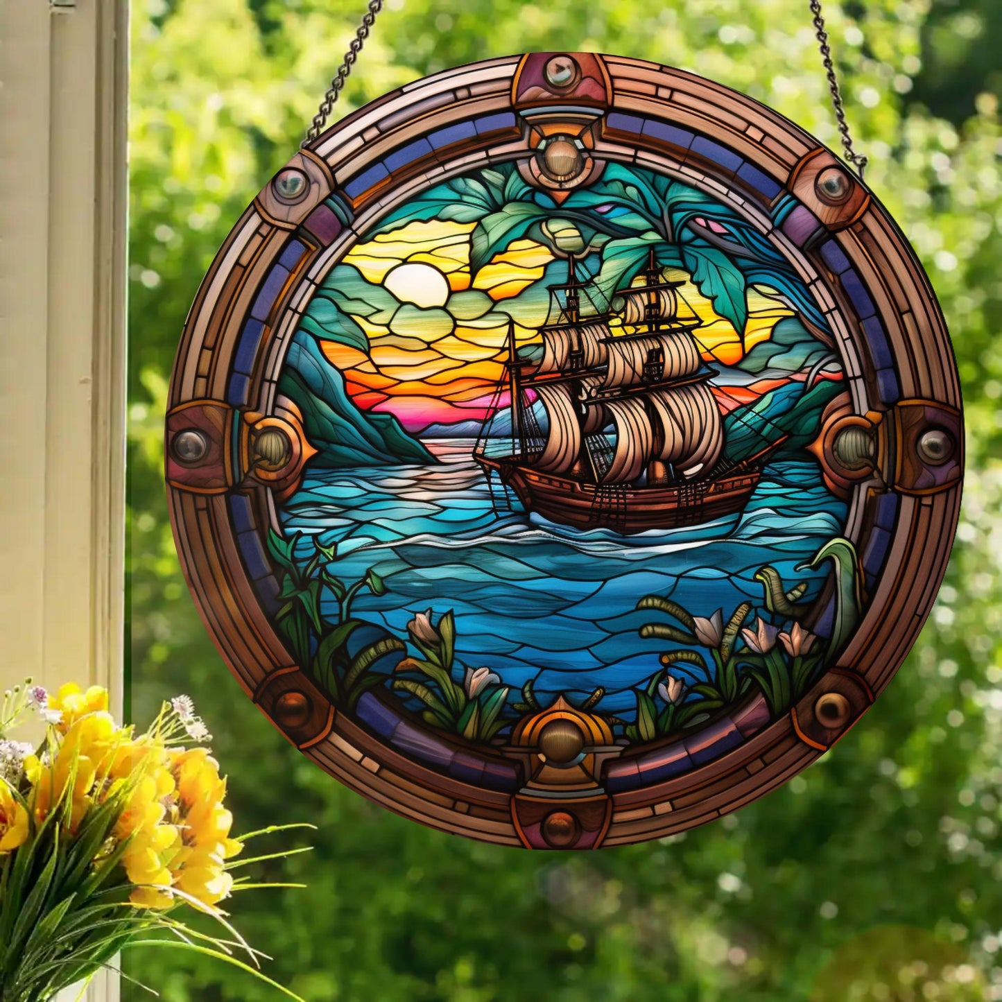 Pirate Ship: Stained Glass Style Window Hanging