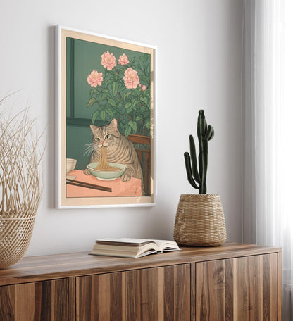 Tabby Cat Eating Noodles: Ukiyo-e Art Print, Japanese Kitchen Poster