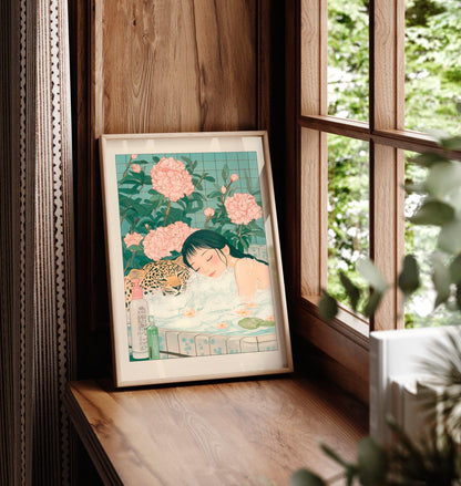 Ukiyo-e Leopard Bath Art Print: Japandi Bathroom Wall Decor
