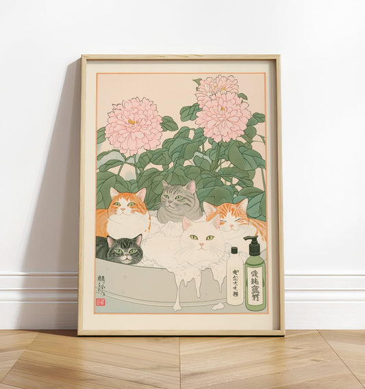 Ukiyo-e Cats Print: Japanese Bathroom Art, Minimalist Decor