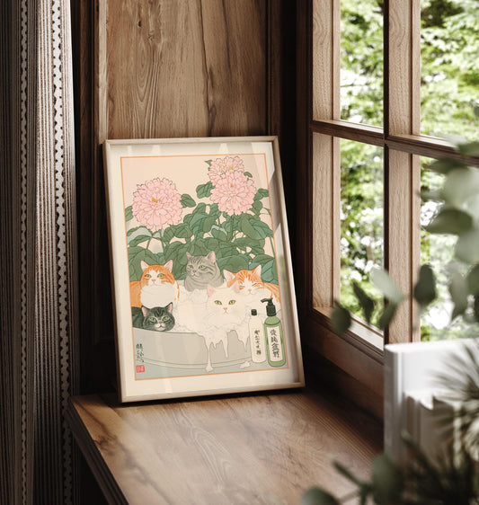 Ukiyo-e Cats Print: Japanese Bathroom Art, Minimalist Decor