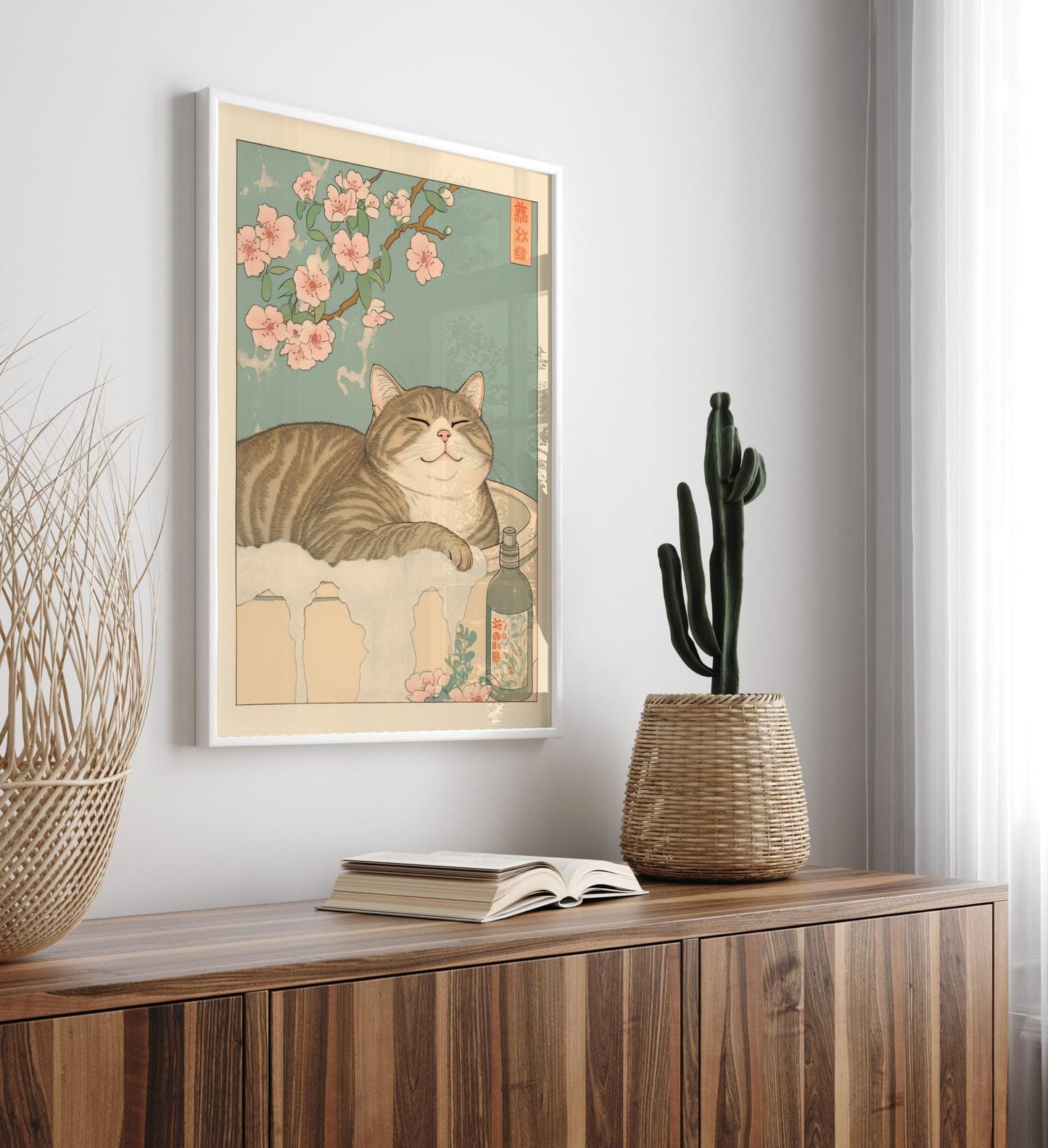 Japanese Ukiyo-e Cat Print: Tabby Cat in Bathtub, Japandi Bathroom Art