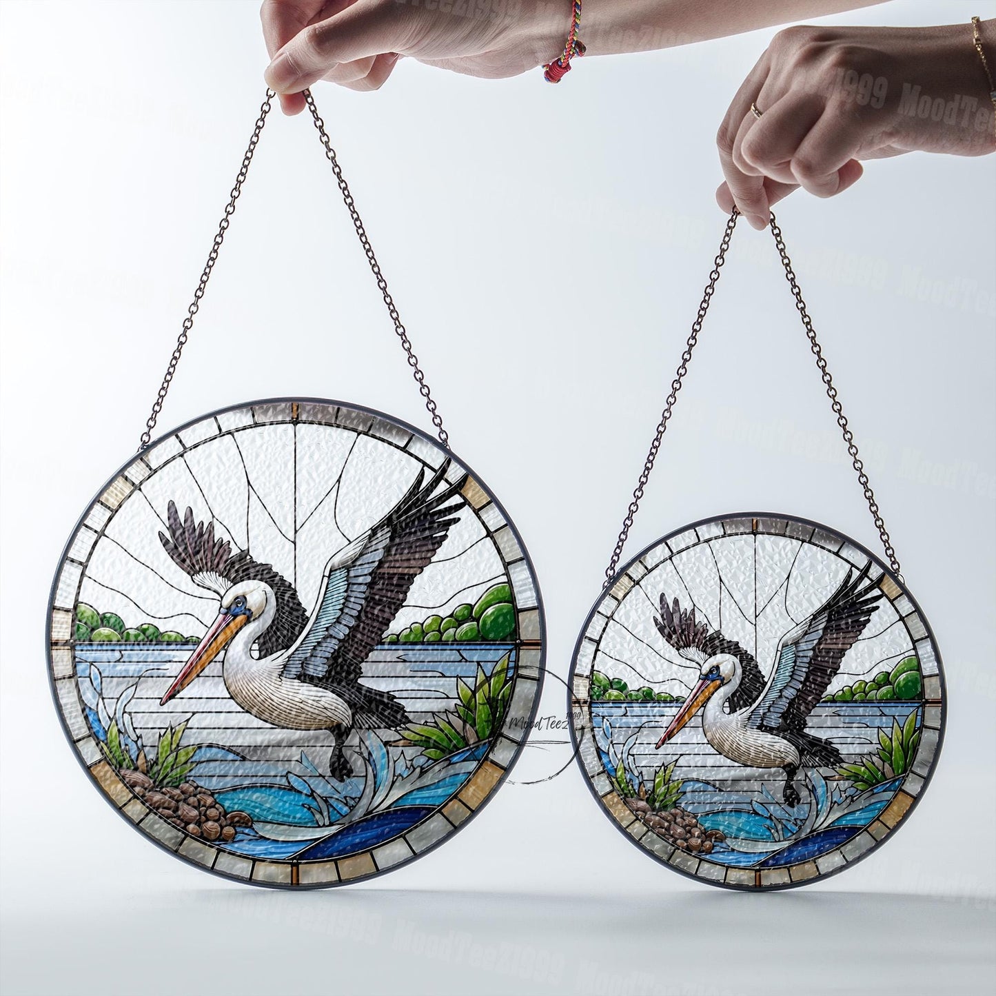 Pelican Glass Window Hanging - Beautiful Coastal Scene with Flying Pelican Design - Unique Nautical Home Decor