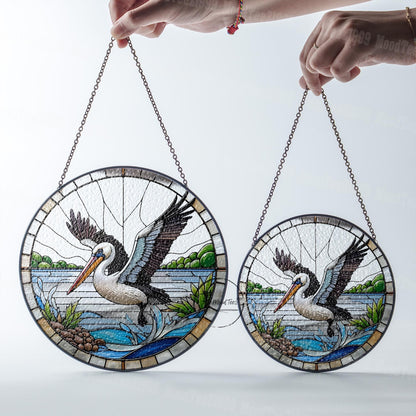 Pelican Glass Window Hanging - Beautiful Coastal Scene with Flying Pelican Design - Unique Nautical Home Decor
