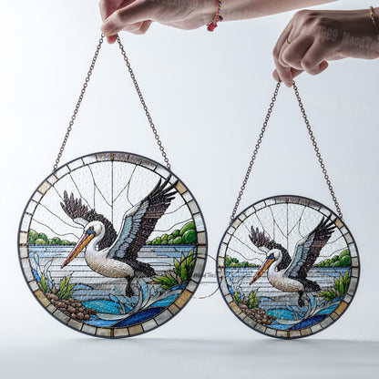 Pelican Glass Window Hanging - Beautiful Coastal Scene with Flying Pelican Design - Unique Nautical Home Decor