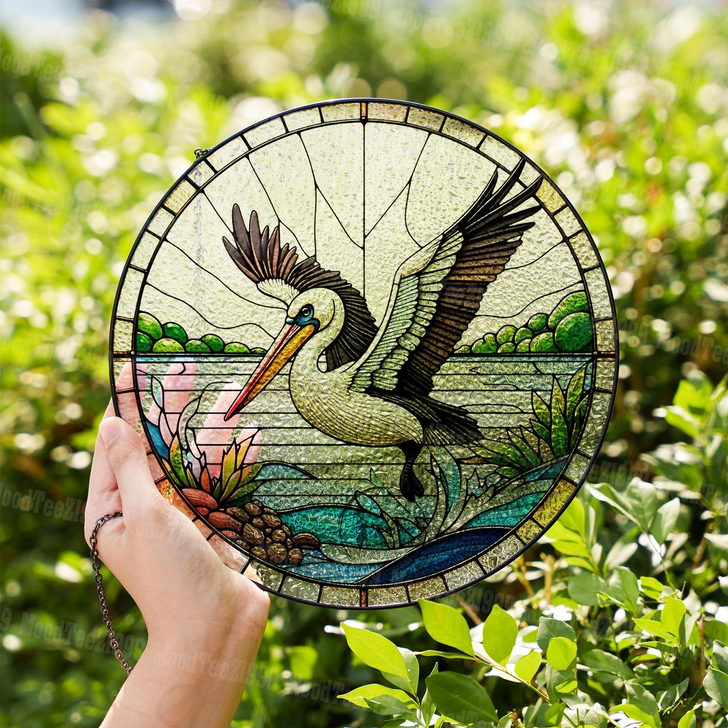 Pelican Glass Window Hanging - Beautiful Coastal Scene with Flying Pelican Design - Unique Nautical Home Decor