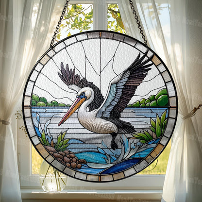 Pelican Glass Window Hanging - Beautiful Coastal Scene with Flying Pelican Design - Unique Nautical Home Decor