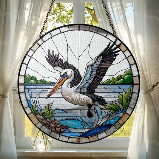 Pelican Glass Window Hanging - Beautiful Coastal Scene with Flying Pelican Design - Unique Nautical Home Decor