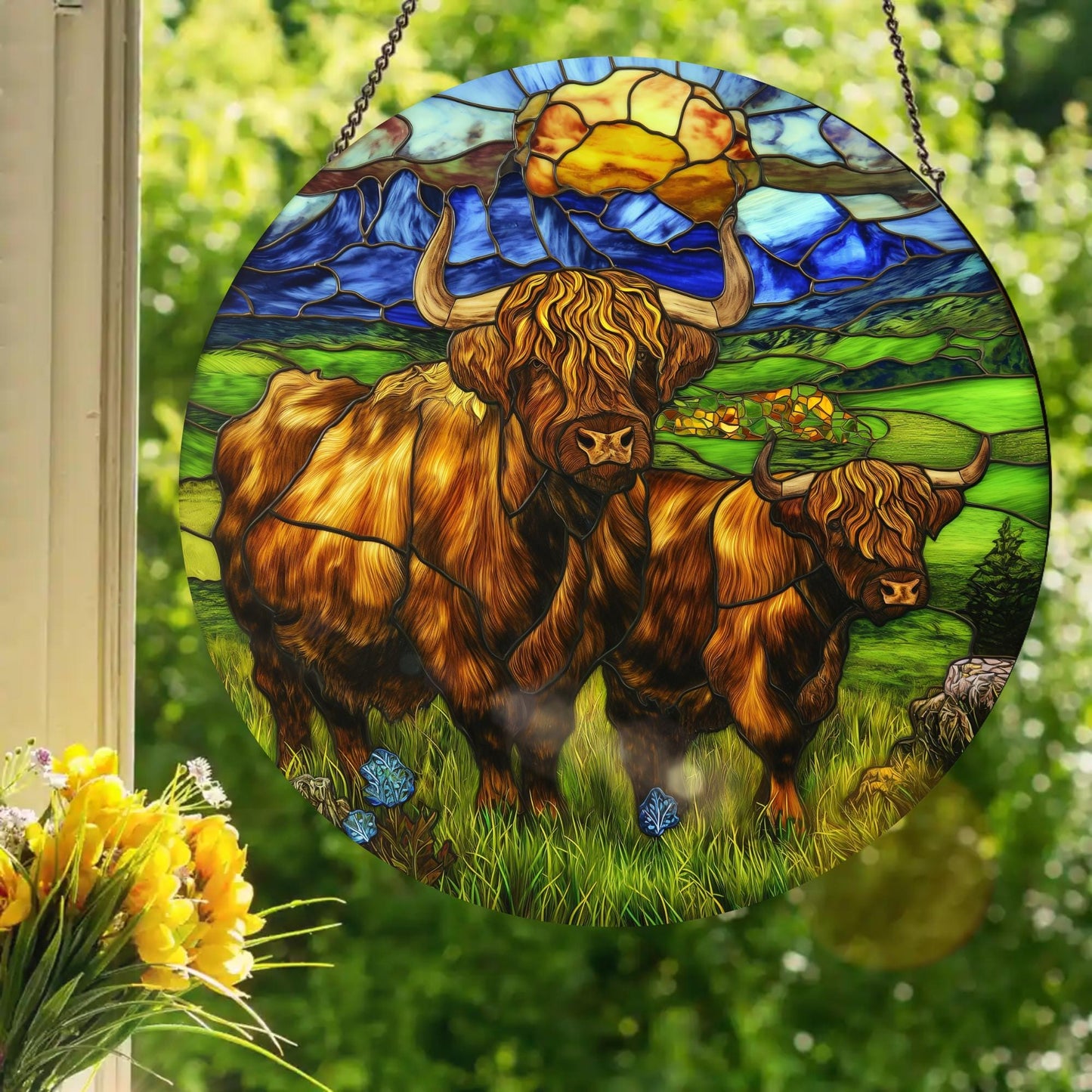 Highland Cattle: Stained Glass Style Window Hanging