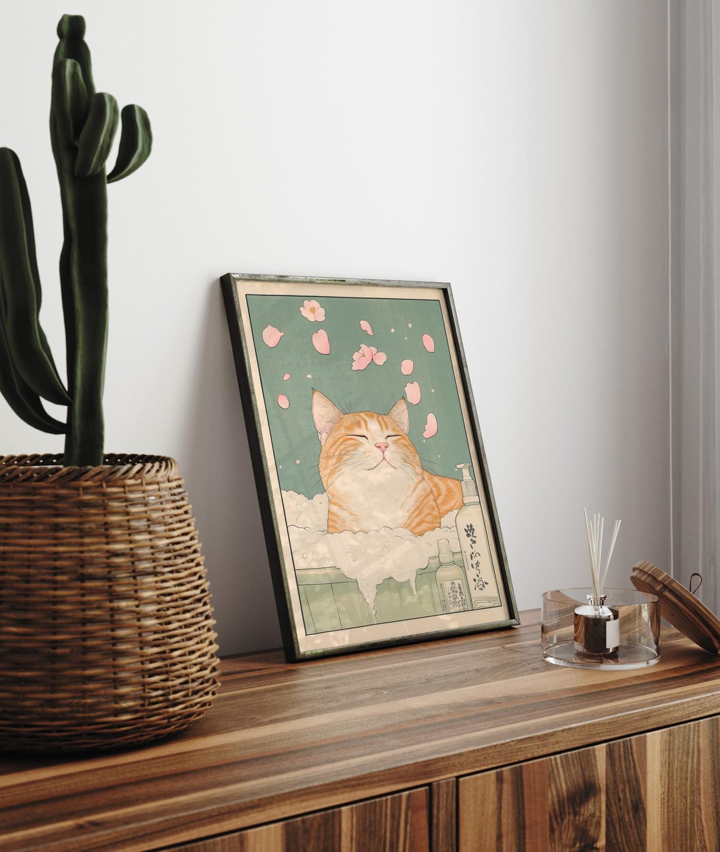 Japanese Ginger Tabby Cat Bath Print: Ukiyo-e Style Wall Art